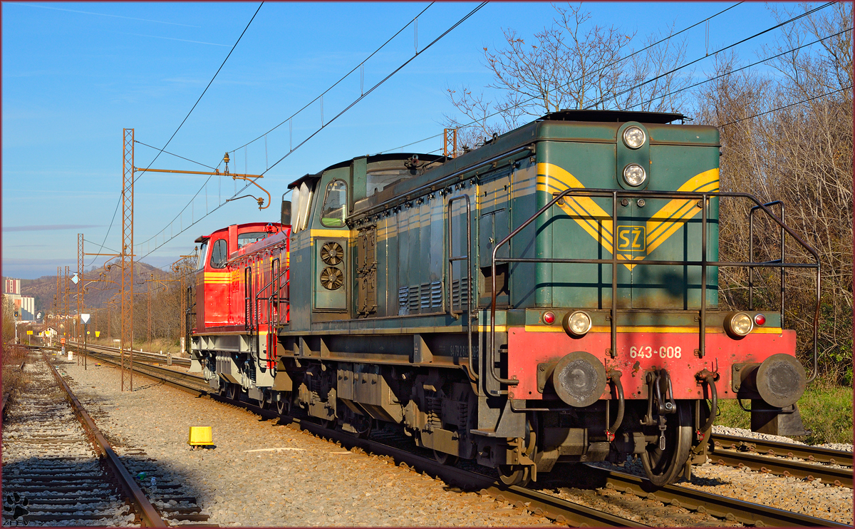 SŽ 643-008+643-051 (in neue Farbe) fahren durch Maribor-Tabor Richtung Studenci Bahnhof. /10.12.2013