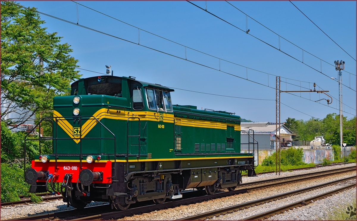 SŽ 643-010 fährt als Lokzug durch Maribor-Tabor Richtung Tezno Verschiebebahnhof. /21.5.2014