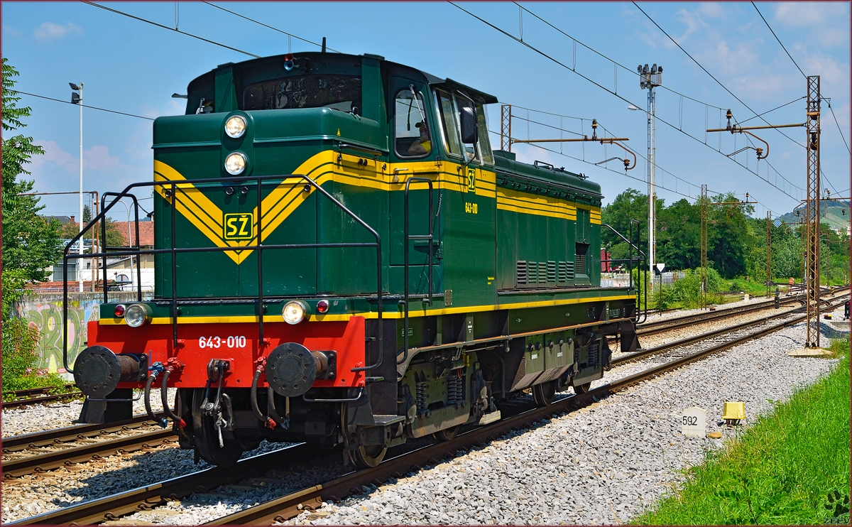 SŽ 643-010 fährt als Lokzug durch Maribor-Tabor Richtung Tezno Verschiebebahnhof. /18.7.2014