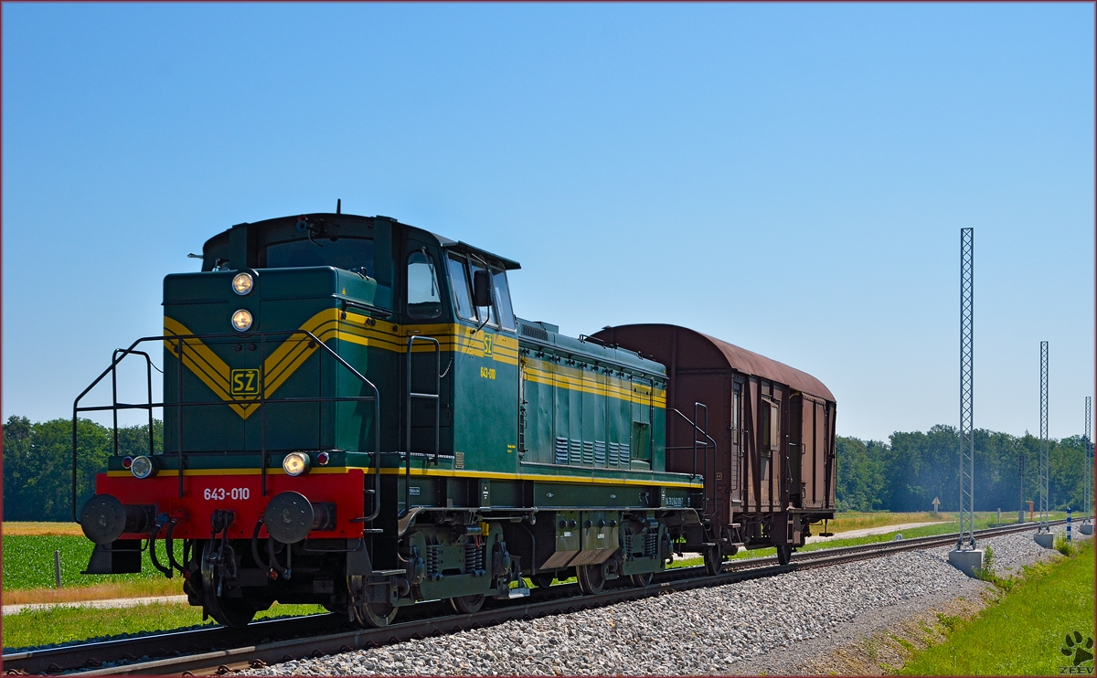 SŽ 643-010 zieht einen Güterwagon durch Cirkovce-Polje Richtung Pragersko. /10.6.2014