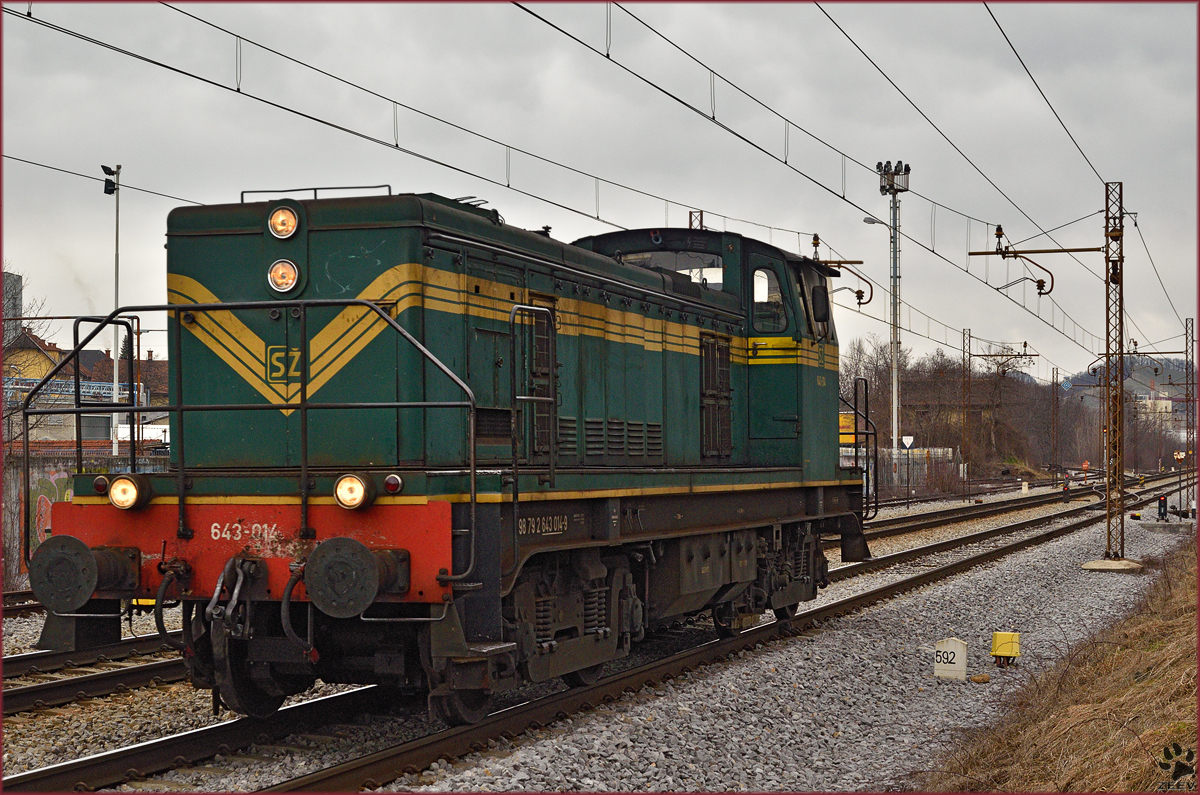 SŽ 643-014 fährt als Lokzug durch Maribor-Tabor Richtung Tezno VBF. /2.3.2015