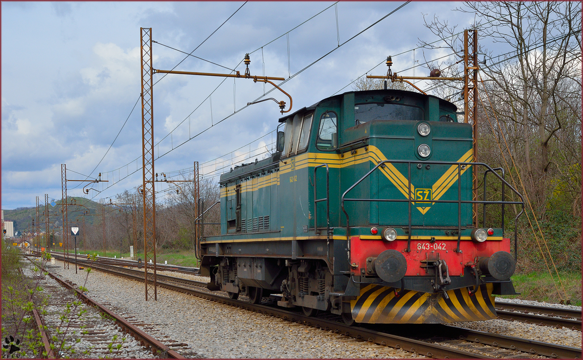 SŽ 643-042 fährt als Lokzug durch Maribor-Tabor Richtung Studenci Bahnhof. /24.3.2014