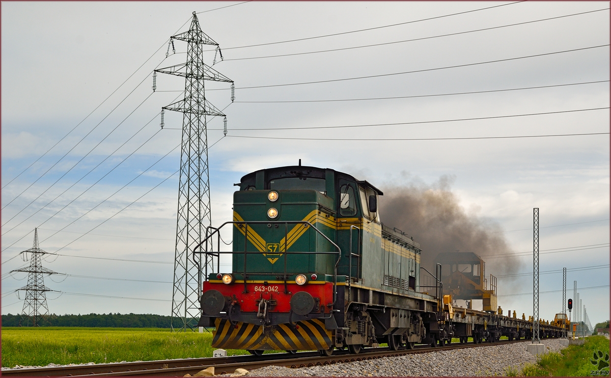SŽ 643-042 zieht Schienenzug durch Cirkovce Richtung Pragersko. /9.5.2014