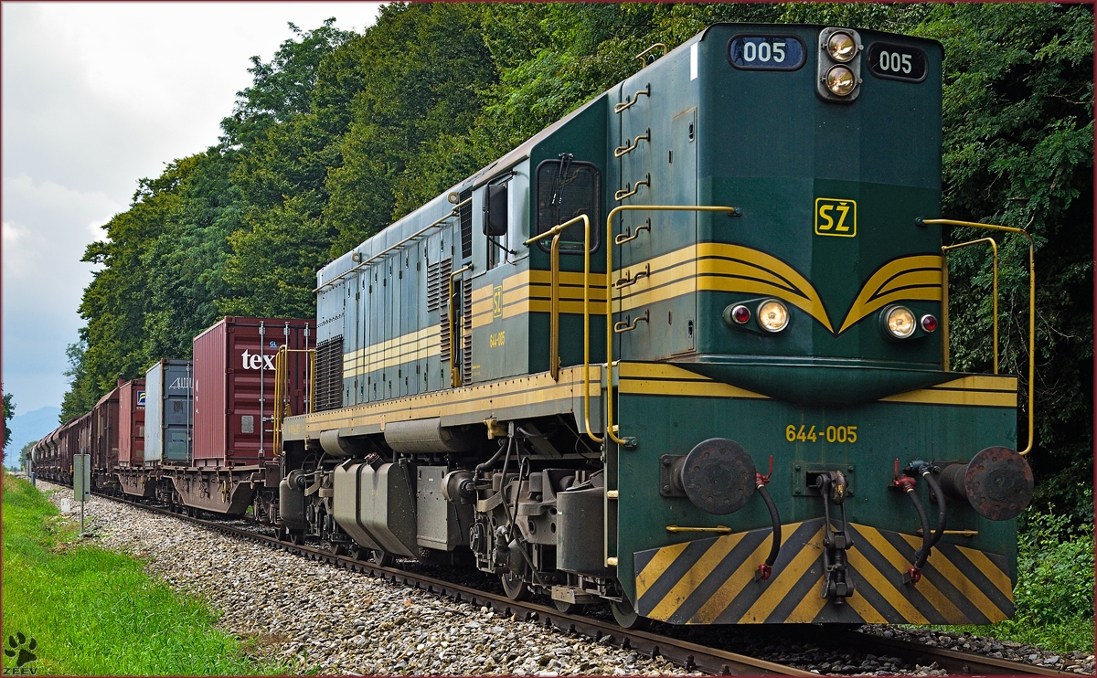 SŽ 644-005 zieht Güterzug durch Maribor-Studenci Richtung Tezno Verschiebebahnhof. /31.7.2014