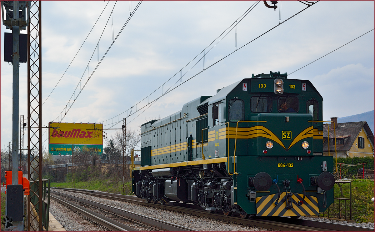 SŽ 664-103 fährt als Lokzug durch Maribor-Tabor Richtung Studenci Bahnhof. /26.3.2014