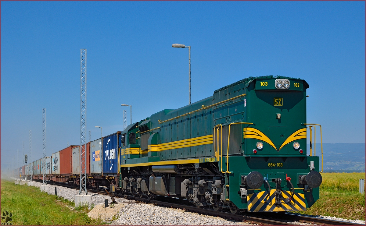 SŽ 664-103 zieht Containerzug durch Cirkovce-Polje Richtung Hodoš. /10.6.2014