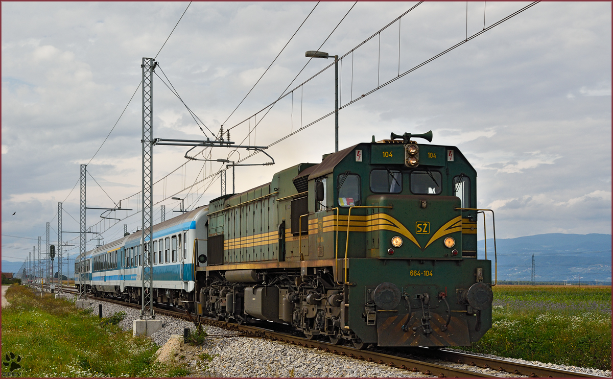 SŽ 664-104 zieht MV247 'Citadella' durch Cirkovce-Polje Richtung Budapest. /23.9.2015