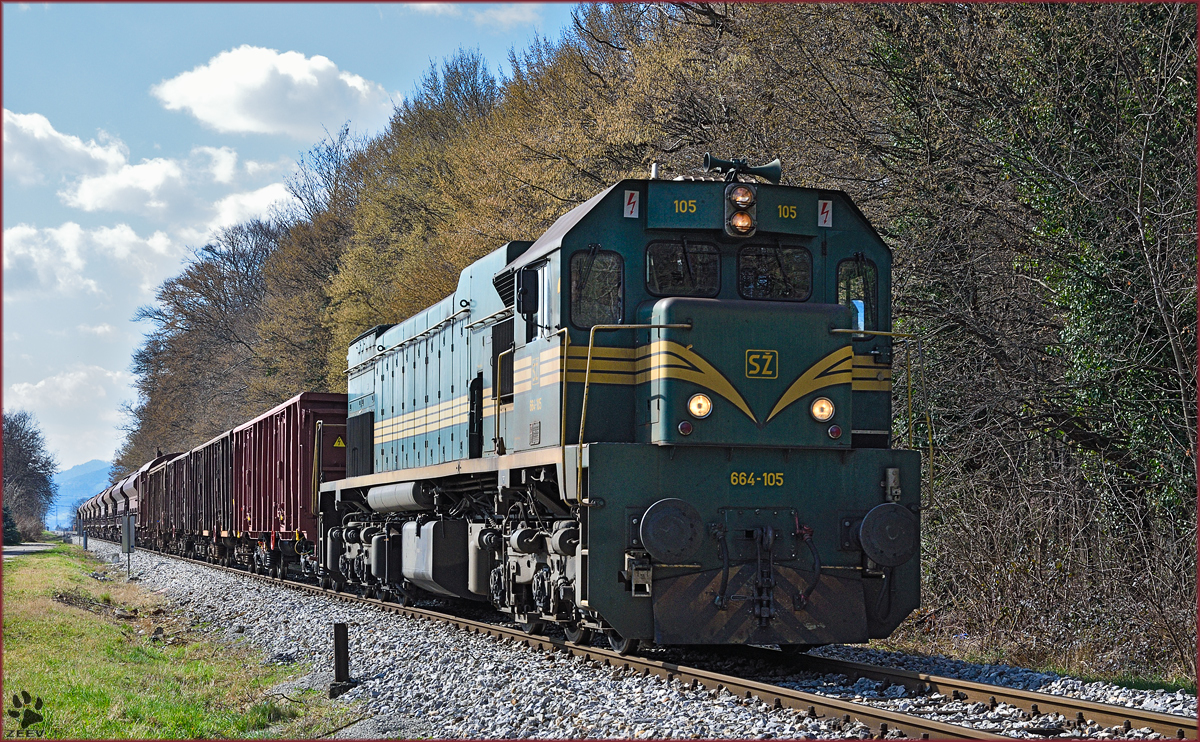 SŽ 664-105 zieht Güterzug durch Maribor-Studenci Richtung Tezno VBF. /14.3.2016