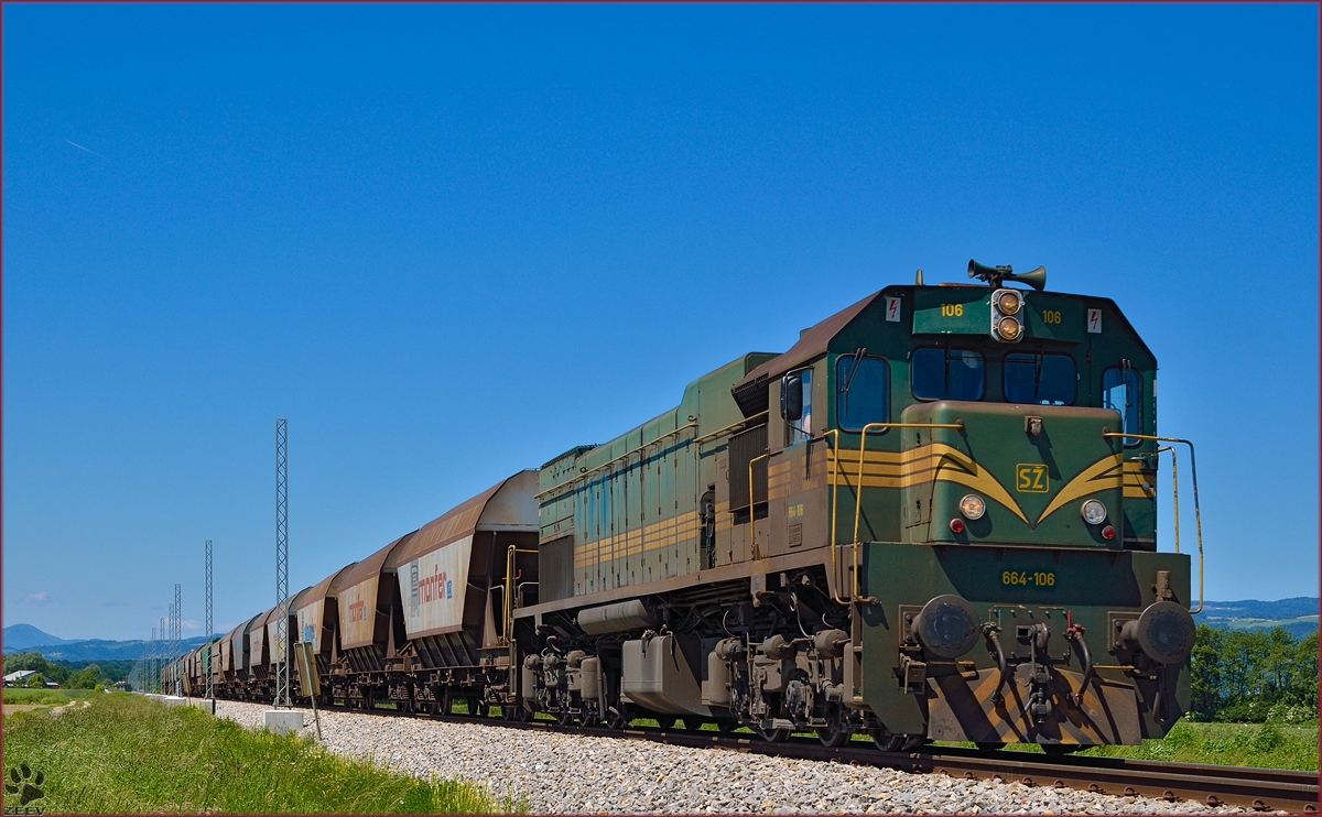 SŽ 664-106 zieht Güterzug durch Šikole Richtung Hodoš. /20.5.2014