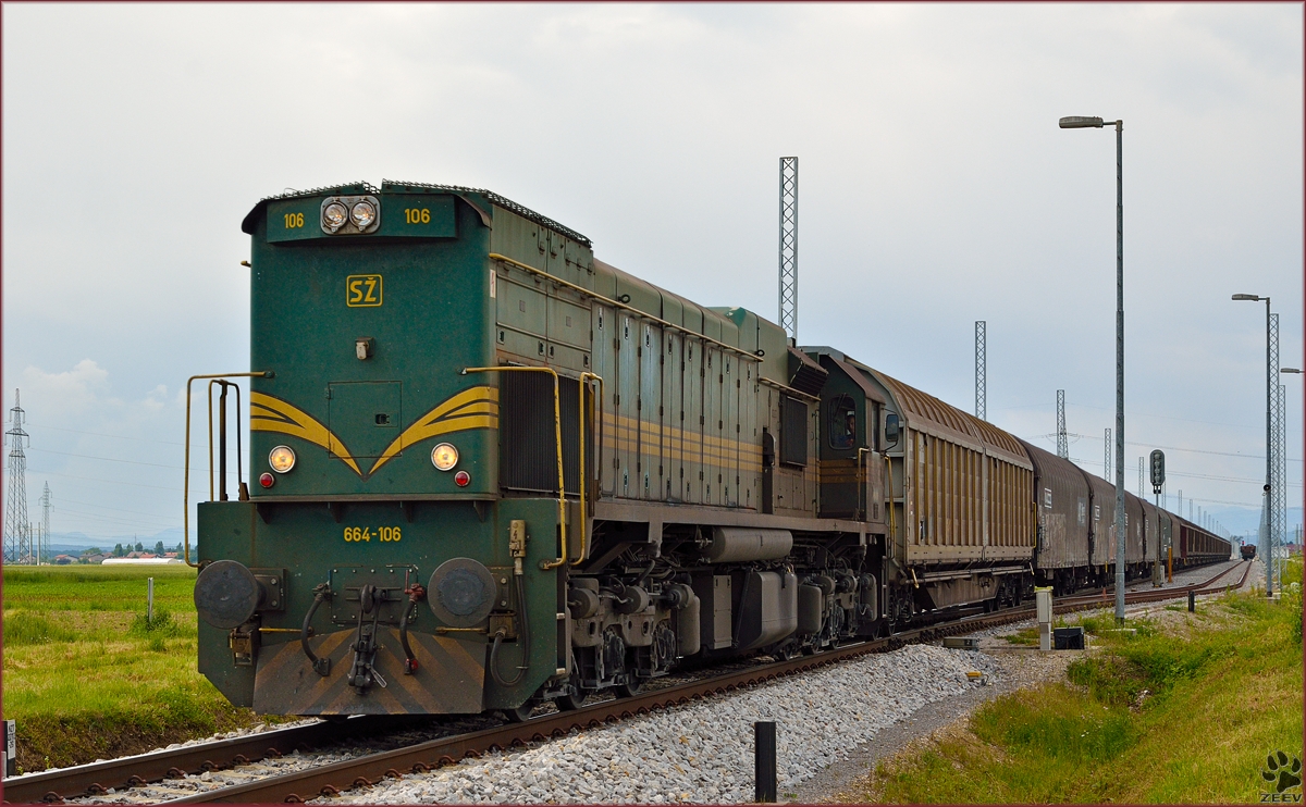 SŽ 664-106 zieht Güterzug durch Ausweichstation Cirkovce-Polje Richtung Hodoš. /3.6.2014