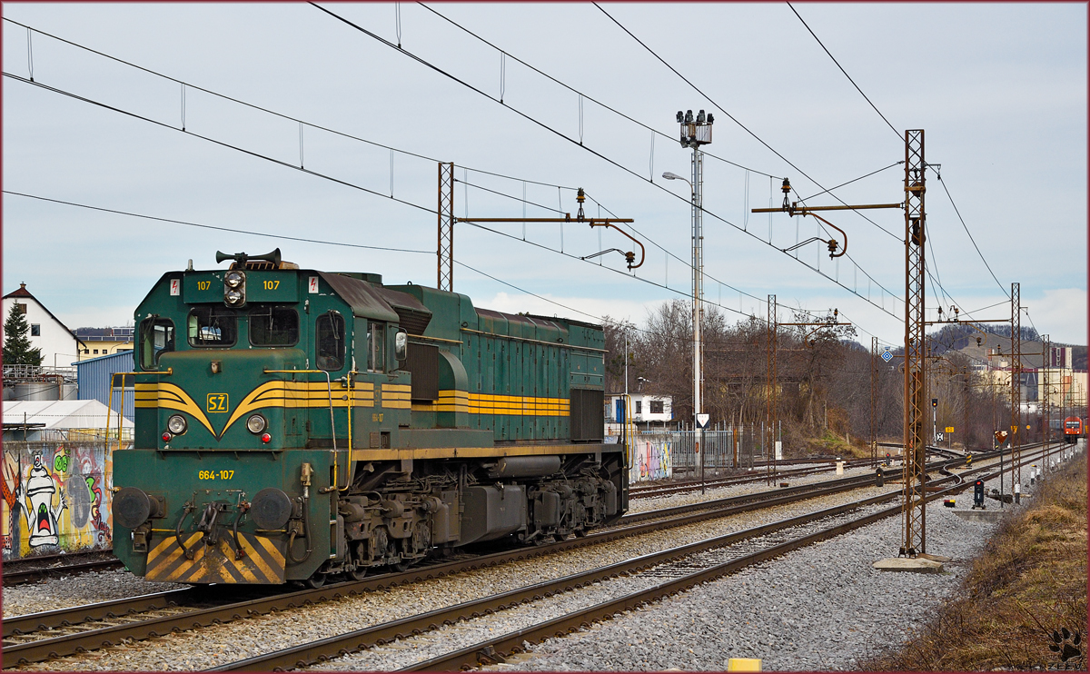 SŽ 664-107 fährt als Lokzug durch Maribor-Tabor Richtung Studenci. /9.2.2016