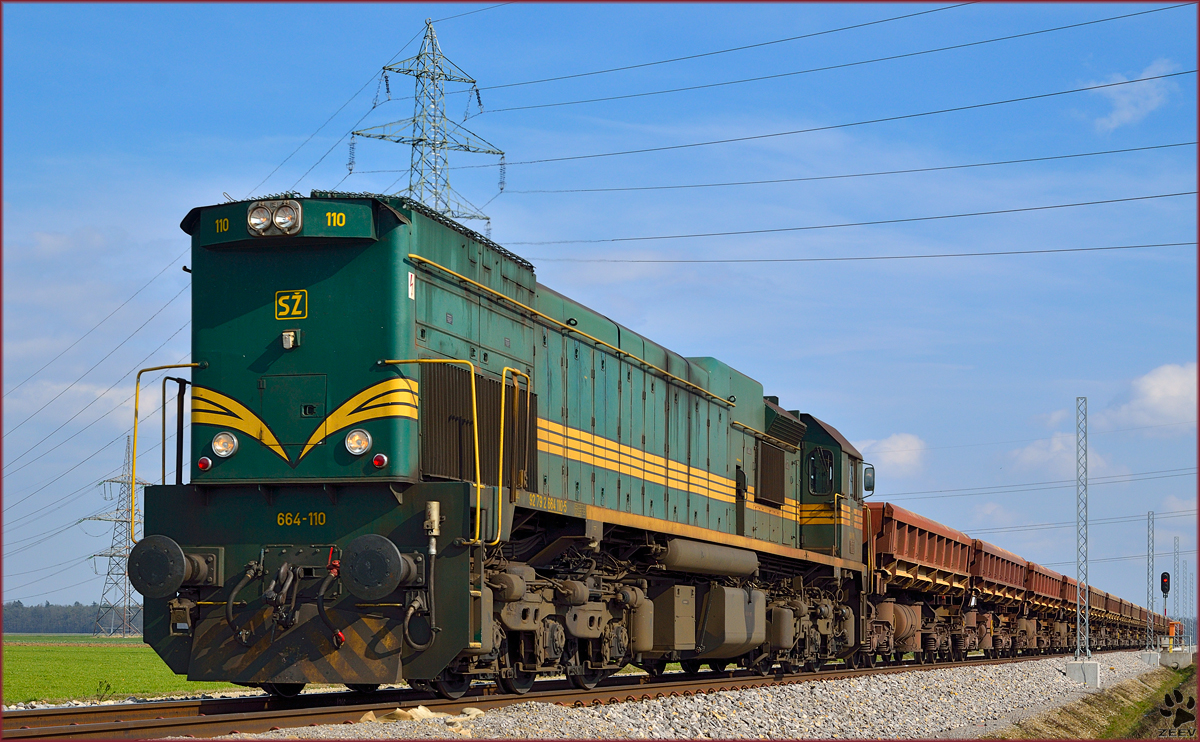 SŽ 664-110 zieht Güterzug durch Cirkovce Richtung Pragersko. /26.2.2014