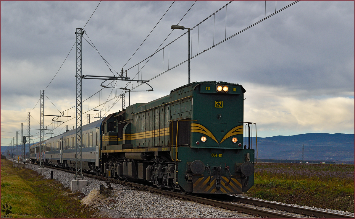 SŽ 664-111 zieht MV247 'Citadella' durch Cirkovce-Polje Richtung Budapest. /9.11.2015