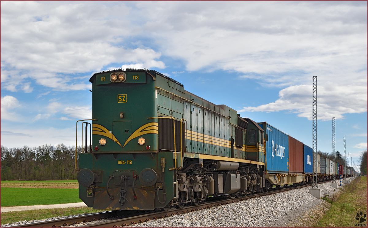 SŽ 664-113 zieht Containerzug durch Cirkovce-Polje Richtung Koper Hafen. /1.4.2015