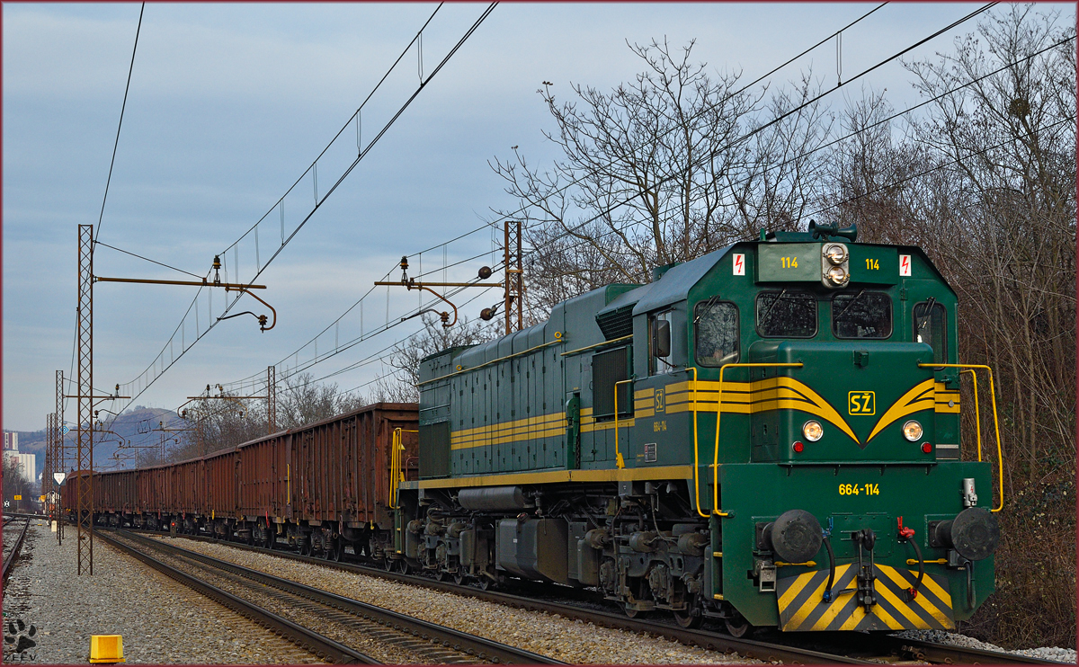 SŽ 664-114 zieht Güterzug durch Maribor-Tabor Richtung Tezno VBF. /20.1.2016