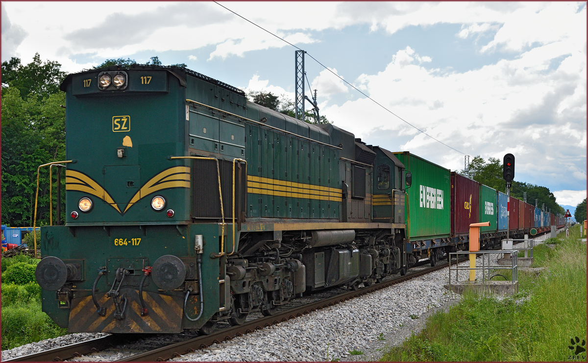 SŽ 664-117 zieht Containerzug durch Strnišče Richtung Hodoš. /24.5.2015