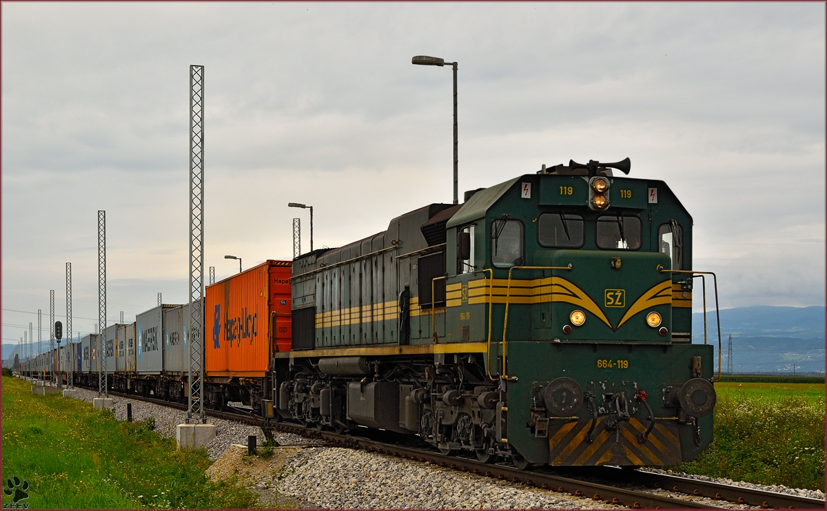 SŽ 664-119 zieht Containerzug durch Cirkovce-Polje Richtung Hodoš. /15.8.2014
