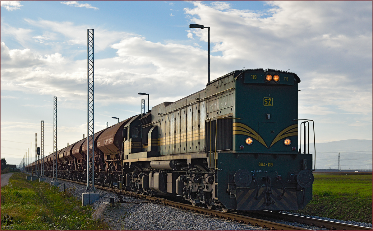 SŽ 664-119 zieht Güterzug durch Cirkovce-Pole Richtung Hodoš. /10.10.2014