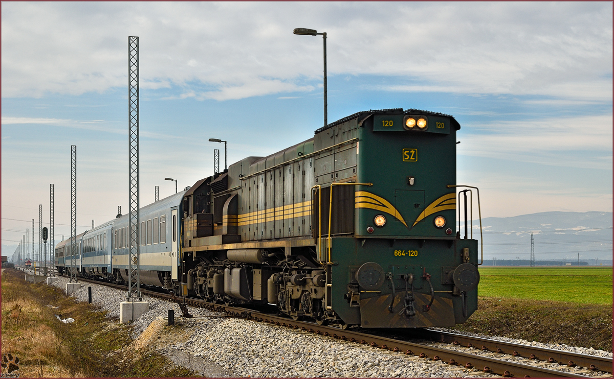 SŽ 664-120 zieht MV247 'Citadella' durch Cirkovce-Polje Richtung Budapest. /29.1.2015