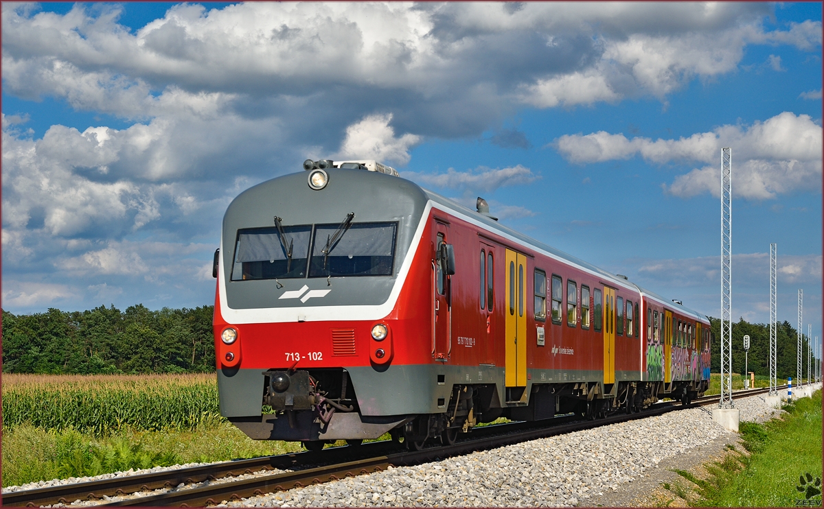 SŽ 713-102 fährt durch Cirkovce-Polje Richtung Maribor. /18.8.2014