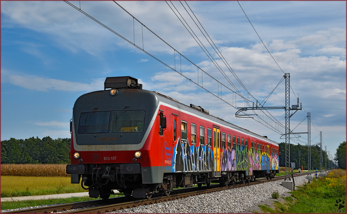 SŽ 813-107 fährt durch Cirkovce-Polje Richtung Maribor. /23.9.2015