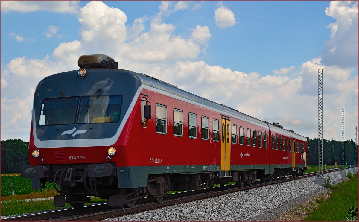 SŽ 814-119 fährt durch Cirkovce-Polje Richtung Maribor. /19.6.2014