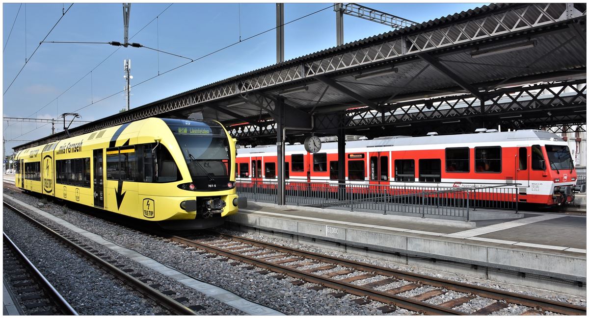 S7 23744 mit GTW 707-5 nach Weinfelden und S 25 5018 mit BDhe 3/6 25 nach Rorschach Hafen in Rorschach. (04.09.2018)