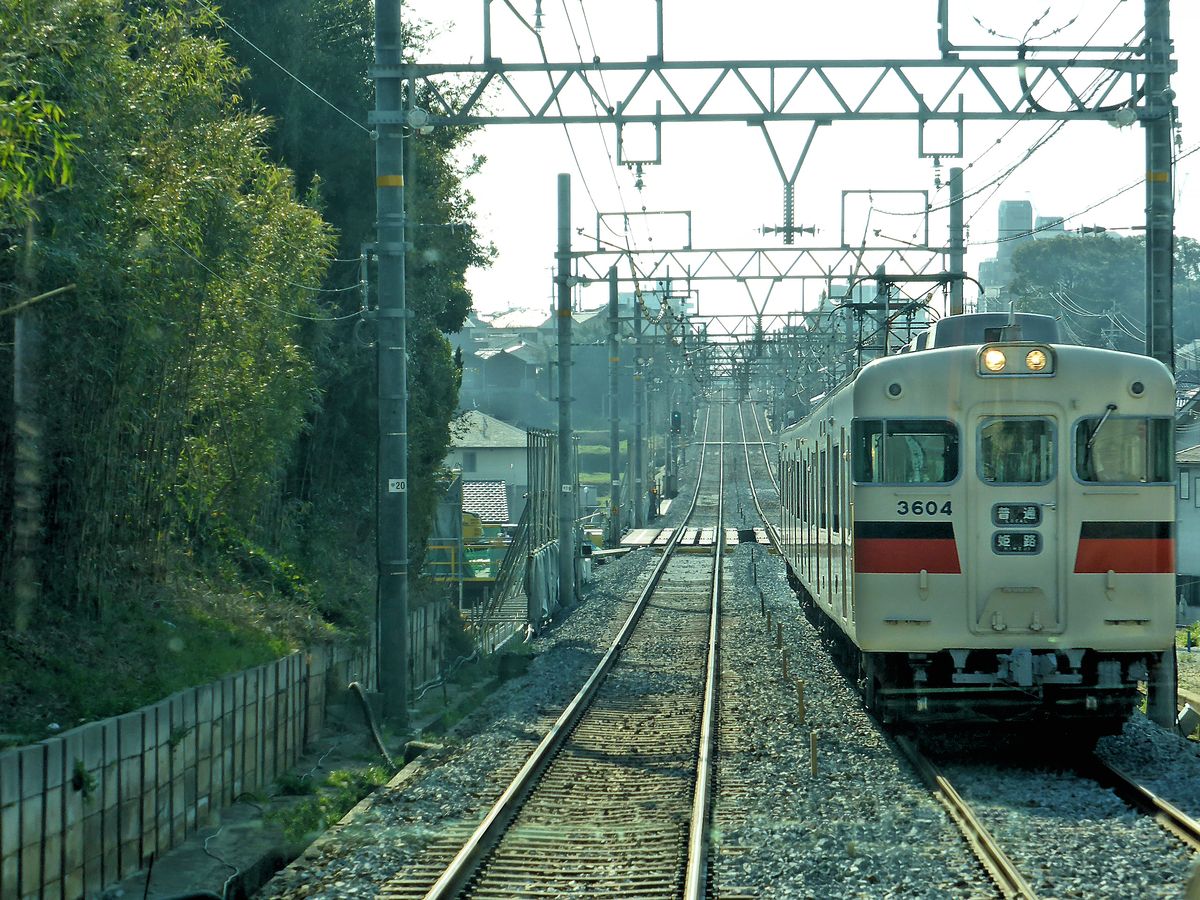 Sanyô-Konzern: Im flimmernden Gegenlicht zeigt sich das Auf-und-Ab der Strecke einer derartigen S-Bahn. Steuerwagen 3604 (Zug 3008) von 1967 vor Fujie, 23.März 2014. 