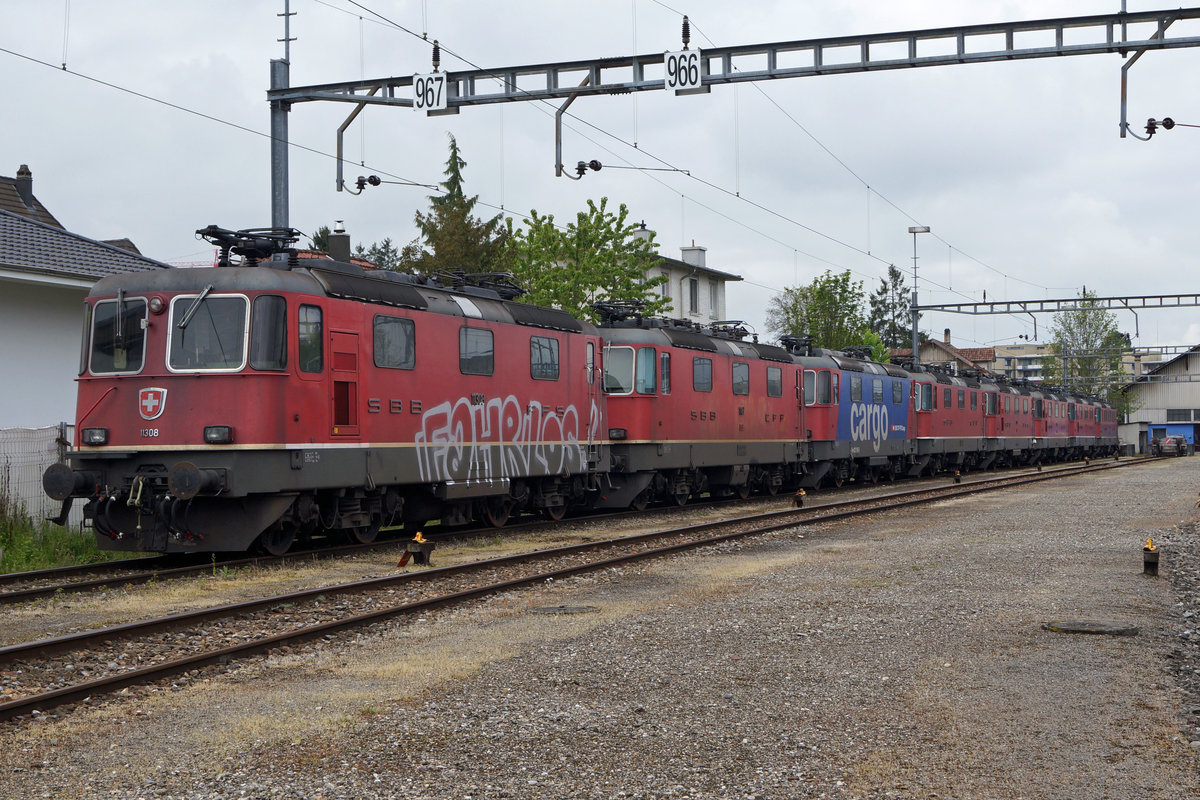 SBB: Acht aus der Versenkung in Biberist zurückgeholte Re 4/4 II im Solothurner SBB Güterbahnhof abgestellt am 3. Mai 2017.
Foto: Walter Ruetsch