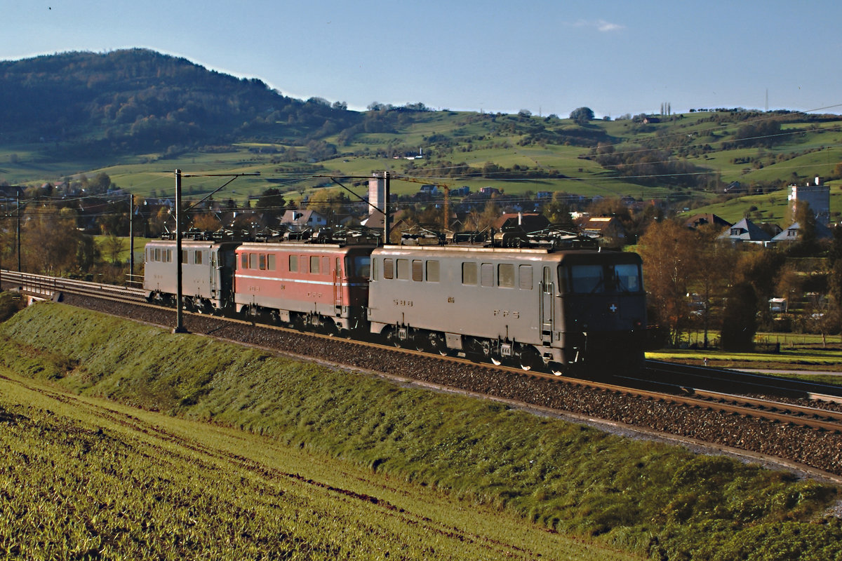 SBB: Ae 6/6 Lokzug im Gegenlicht bei Frick am 2. November 2006.
Foto: Walter Ruetsch