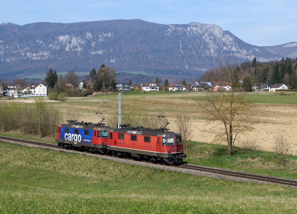 SBB: Am 30. März 2017 holten an Stelle einer Re 6/6 zwei Re 4/4 II die Güterlast in Gerlafingen ab. Fotografiert wurde der bunte Lokzug mit der Re 4/4 II 11162 an der Spitze des Zuges zwischen Solothurn und Biberist vor der herrlichen Kulisse der ersten Jurakette.
Foto: Walter Ruetsch
