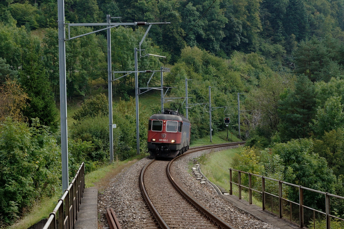 SBB: Bei den von SLM/BBC/SAAS gebauten Lokomotiven vom Typ Re 620/Re 6/6, die in den Jahren 1972 bis 1980 in Betrieb gesetzt wurden, handelt es sich noch heute um die schönsten Lokomotiven der SBB. Bei den vielen Eisenbahnfreunden sind sie als ORIGINAL wie auch als MODELL sehr beliebt. Leider ist die ursprüngliche Serie 11601 bis 11689 während den letzten Jahren etwas geschrumpft. Die Bilder der Re 620 010-9  Spreitenbach  und Re 620 042-2  Monthey  sind am 21. und 22. September 2016 im Berner Jura entstanden.
Foto: Walter Ruetsch  