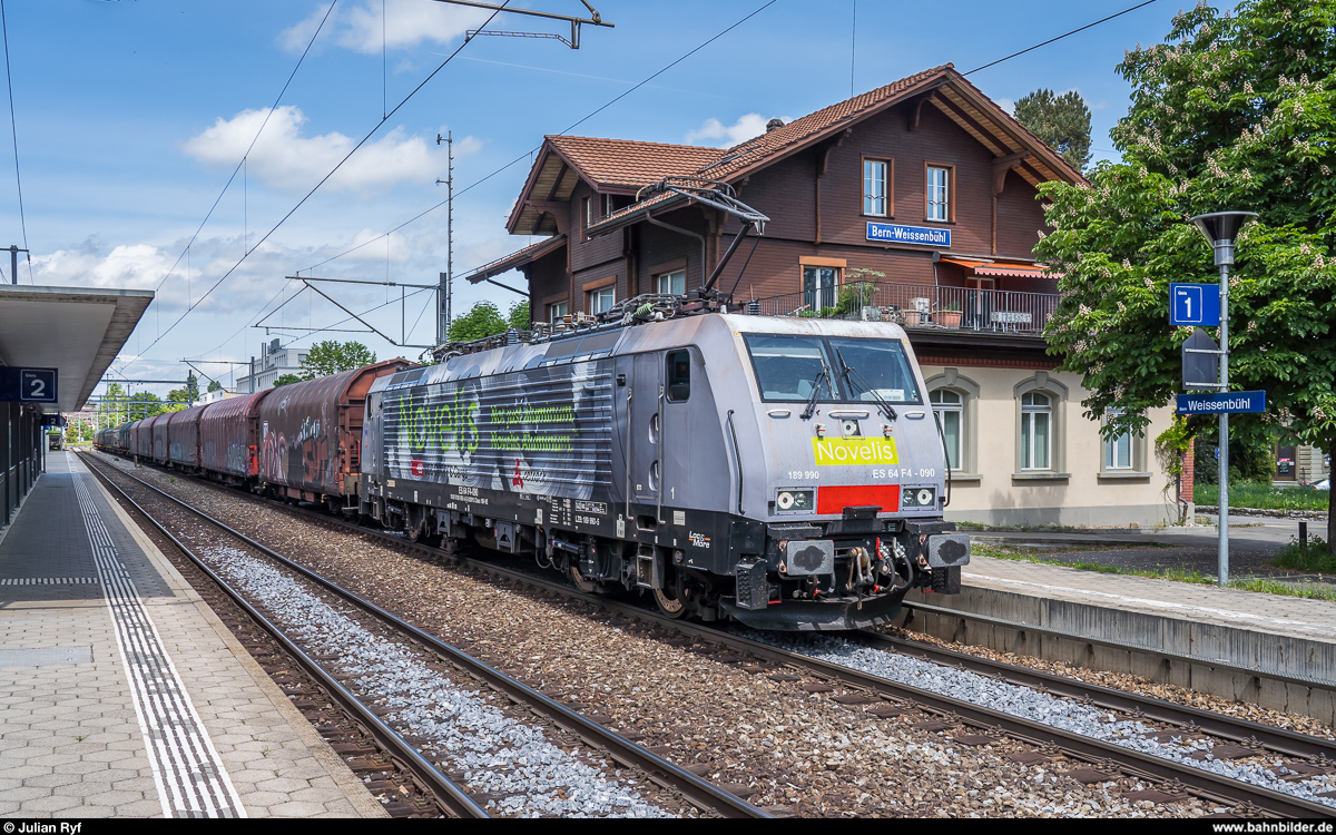 SBB Cargo 189 990 mit dem Novelis-Zug Göttingen - Sierre am 10. Mai 2020 in Bern Weissenbühl. Der Zug wurde aufgrund eines Personenunfalls in Gümligen via Gürbetal umgeleitet.