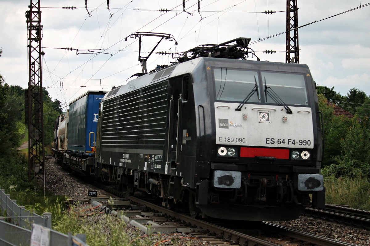 SBB Cargo ES 64 F4-990 am 12.07.2014 mit dem 43090 (Gallerate - Ludwigshafen BASF Ubf) beim Abzweig Leutersdorf gen Norden.