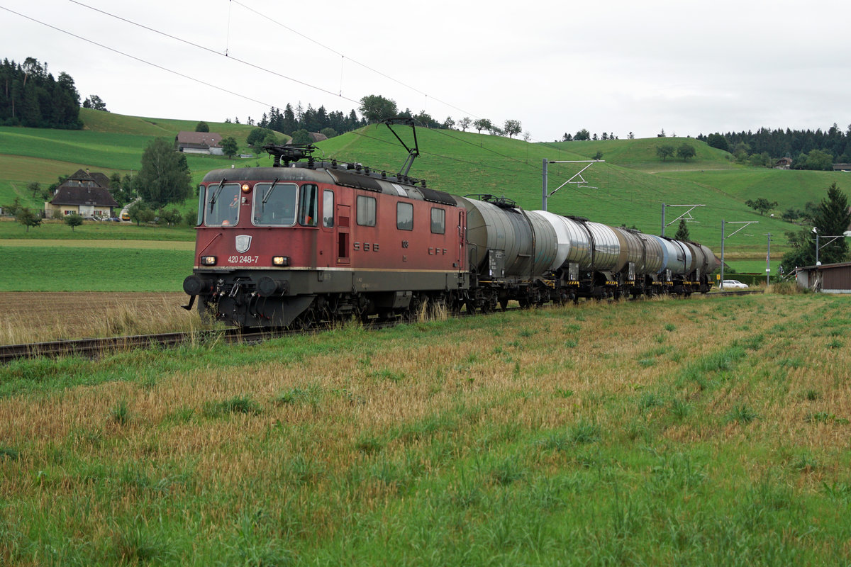 SBB CARGO Güterzug Menznau - Langenthal am frühen Morgen bei sehr trübem Wetter in Rohrbach mit Re 420 248-7 am 13. August 2019.
Foto: Walter Ruetsch
