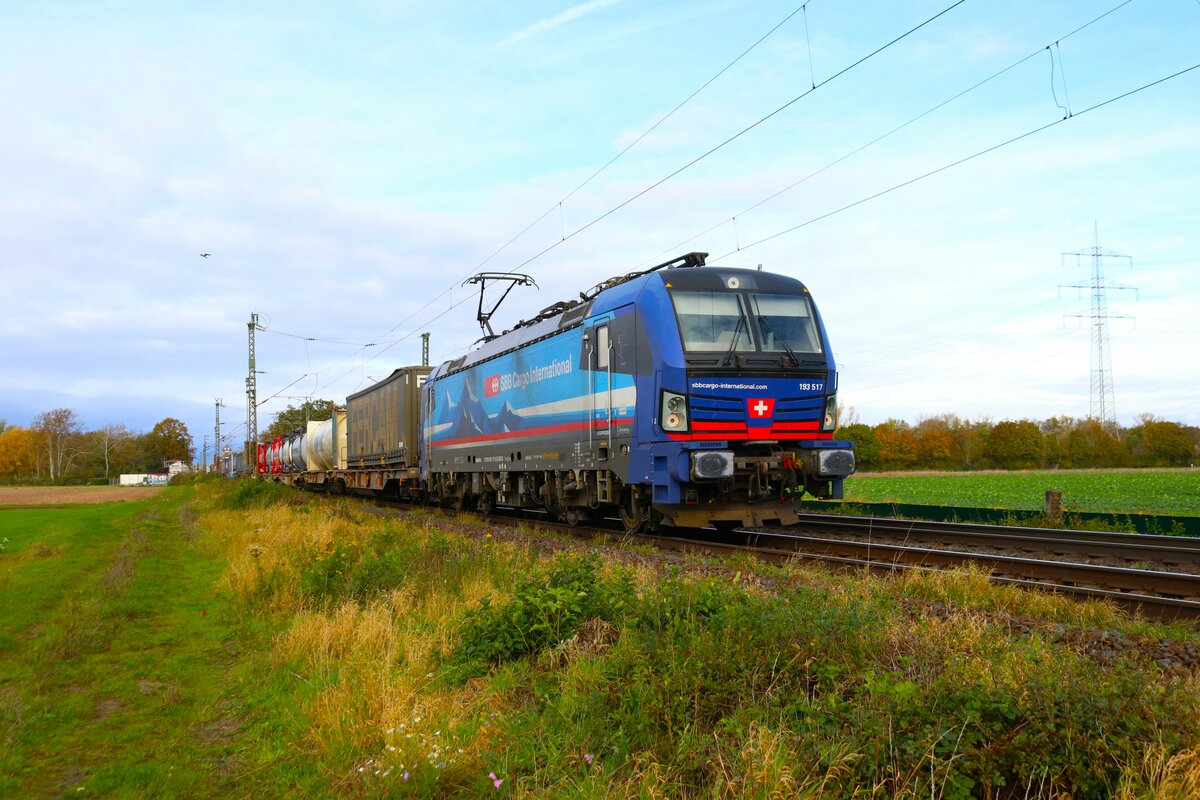 SBB Cargo International Siemens Vectron 193 517-0 mit KLV Zug in Bischofsheim Netztrennstelle am 04.11.23