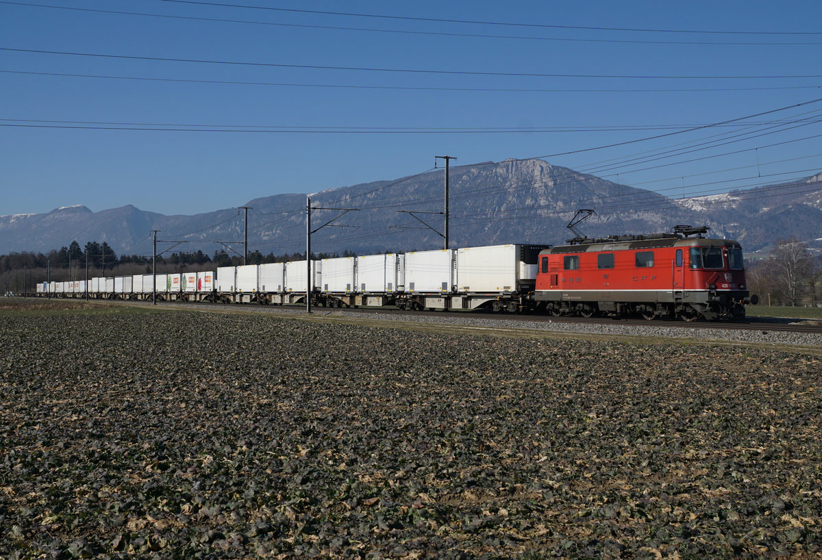 SBB CARGO Re 420 167-9 anstatt RAILCARE Rem 476 451
Re 420 167-9 Containerzug von RAILCARE bei Deitingen am 18. Februar 2019.
Foto: Walter Ruetsch