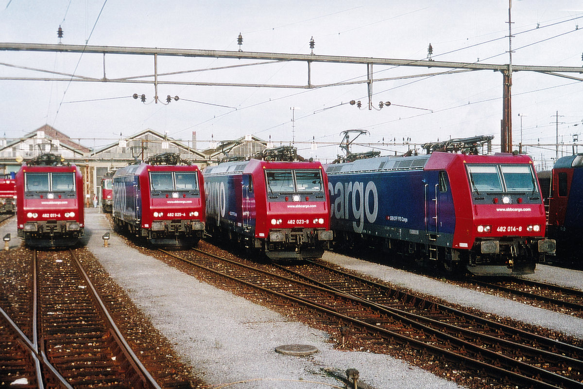 SBB CARGO Re 482.
Anlässlich einem Bahnfest in Olten im Jahre 2004 wurden den Festbesuchern die neuen Re 482 011-4, Re 482 025-4, Re 482 023-9 sowie Re 482 014-8 präsentiert.
Diese Loktomotiven gehören zu der ersten Serie 482 000 bis 482 034, die in den Jahren 2002-2003 in Betrieb genommen wurden.
Erlaubter Fotostandort für die Festbesucher.
Foto: Walter Ruetsch 