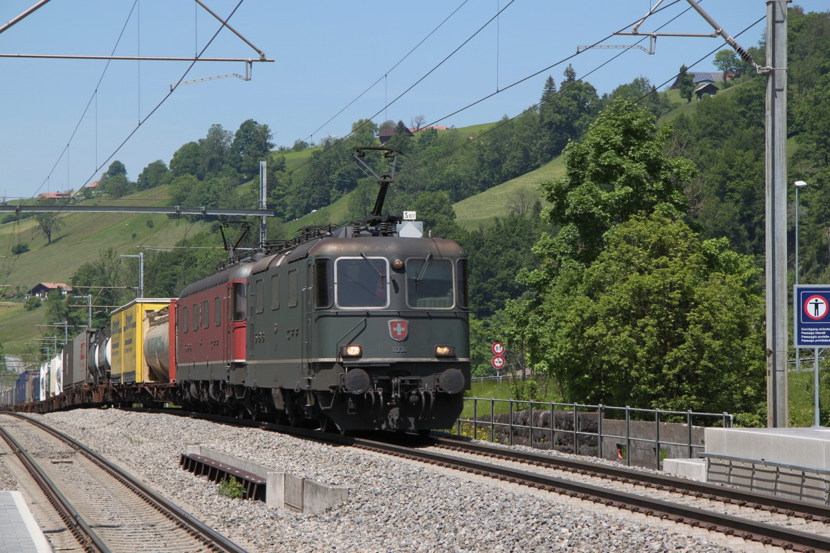 SBB Doppeltraktion mit Re4/4 und Re6/6 und einem Containerzug bei Mülenen/Be.28.05.15