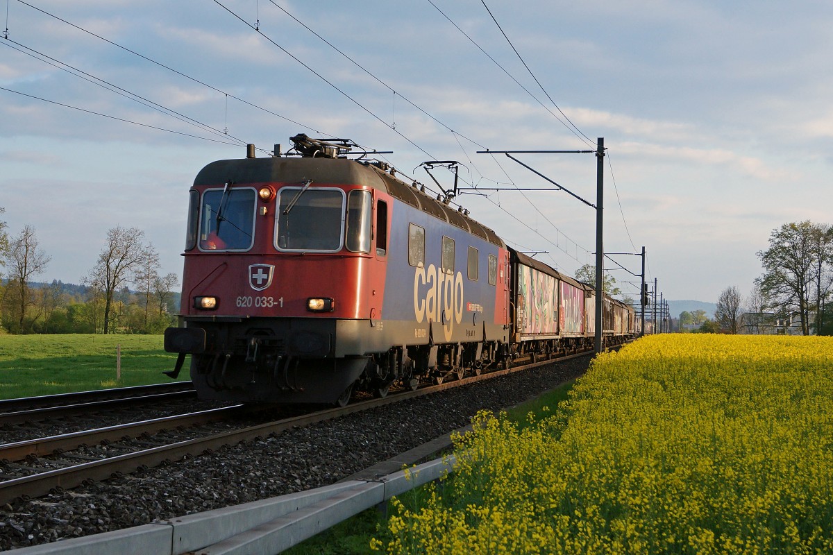SBB: Güterzug mit der Re 620 033-1  MURI AG  im letzten Abendlicht bei Roggwil am 28. April 2015.
Foto: Walter Ruetsch