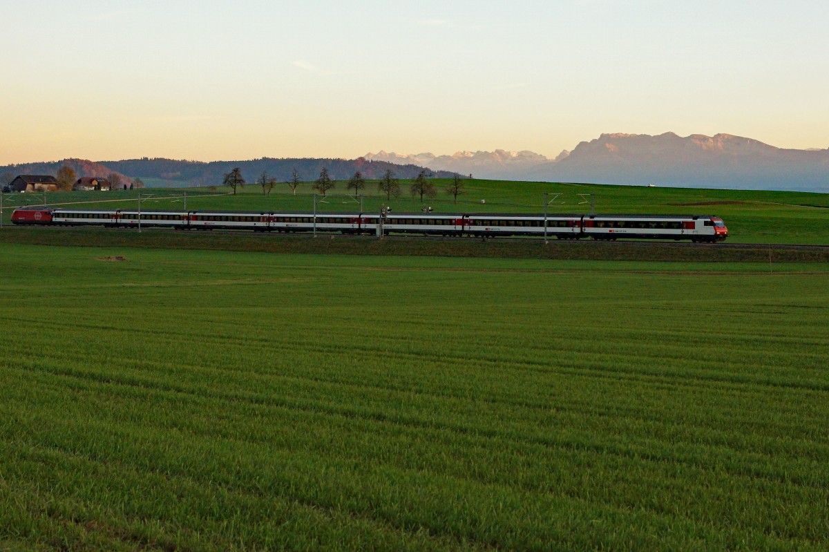 SBB: IR Luzern-Genève mit Re 460 in der Abenddämmerung bei Wauwil am 8. November 2015.
Foto: Walter Ruetsch