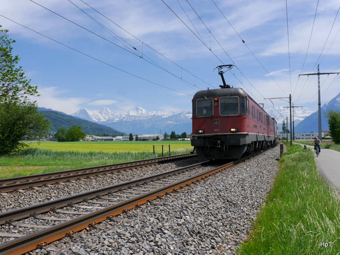 SBB - Loks Re 6/6 11683 + Re 4/4 vor Güterzug unterwegs bei Uttigen in Richtung Bern am 14.05.2015