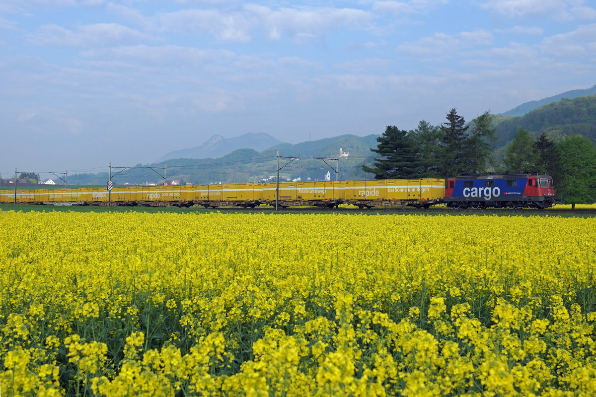 SBB: Postzug in zu den Postcontainern passenden Umgebung bei Niederbipp mit einer Re 421 auf der Fahrt nach Härkingen am 3. Mai 2016.
Foto: Walter Ruetsch