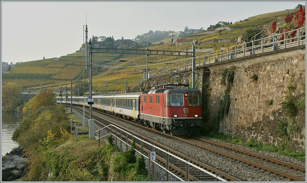SBB Re 4/4 II 11135  mit einem RE nach St-Maurice zwischen Rivaz und St-Saphorin.
25.10.2012