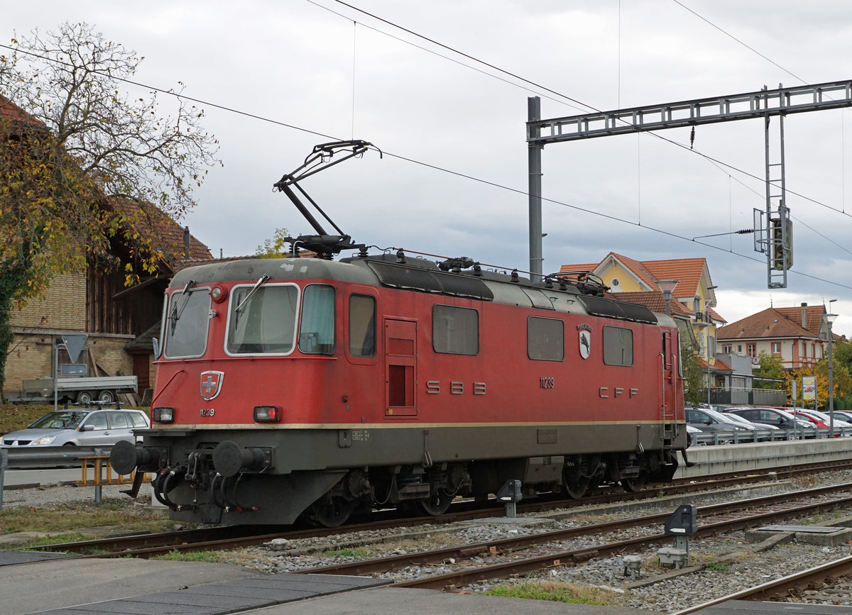SBB: Re 4/4 II 11239 PORRENTRUY als Lokzug bei Kerzers unterwegs am 27. Oktober 2017.
Foto: Walter Ruetsch