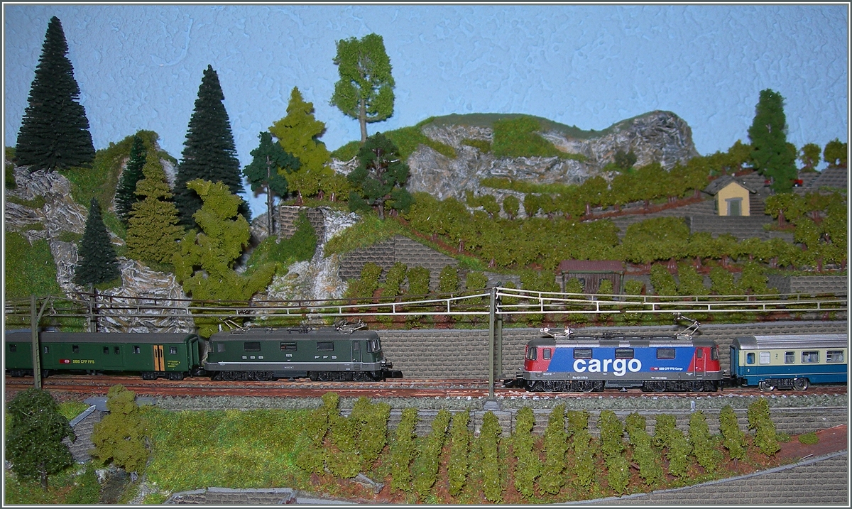 SBB Re 4/4 II im diskreten grün und im SBB Cargo-Kleid auf meiner Z-Anlage. 
23. Aug. 2014 