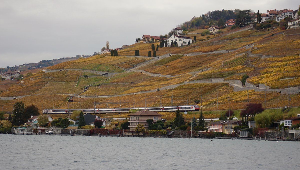 SBB Re 460 041-7  150 Jahre Schweizerisches Rotes Kreuz  im schönem herbstlichem Lavaux. IR 1821  von Lausanne – Vevey – Montreux – Aigle – St-Maurice – Martigny – Sion – Sierre/Siders – Visp – Brig, kurz nach Pully. Aufgenommen aus dem Dampfschiff  La Suisse , welches extra für eine Dampffahrt mit Zug und Schiff des Vereins Pacific eine Woche länger in Betrieb gehalten wurde! Lac Léman, 29. Oktober 2017