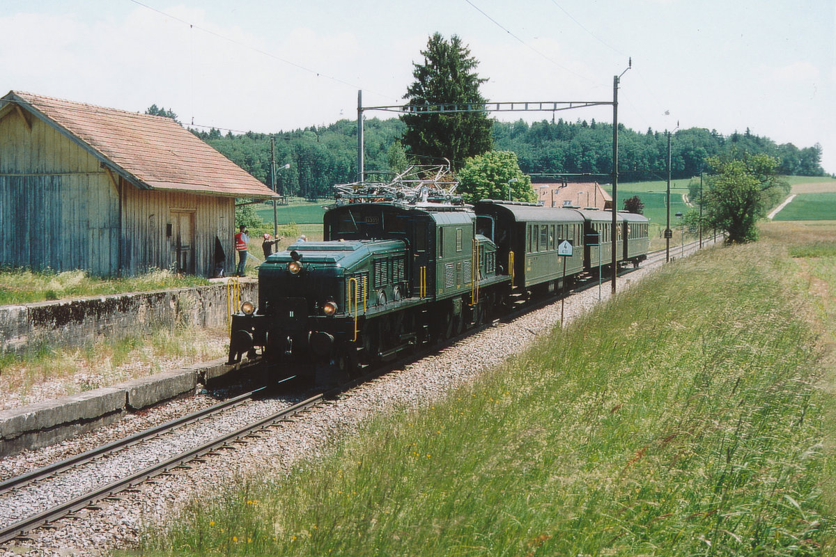 SBB: Sonderzug mit der Ce 6/8 III 14305 mit drei passenden Wagen auf voller Fahrt bei Ferenbalm am 3. Juni 2006.
Foto: Walter Ruetsch