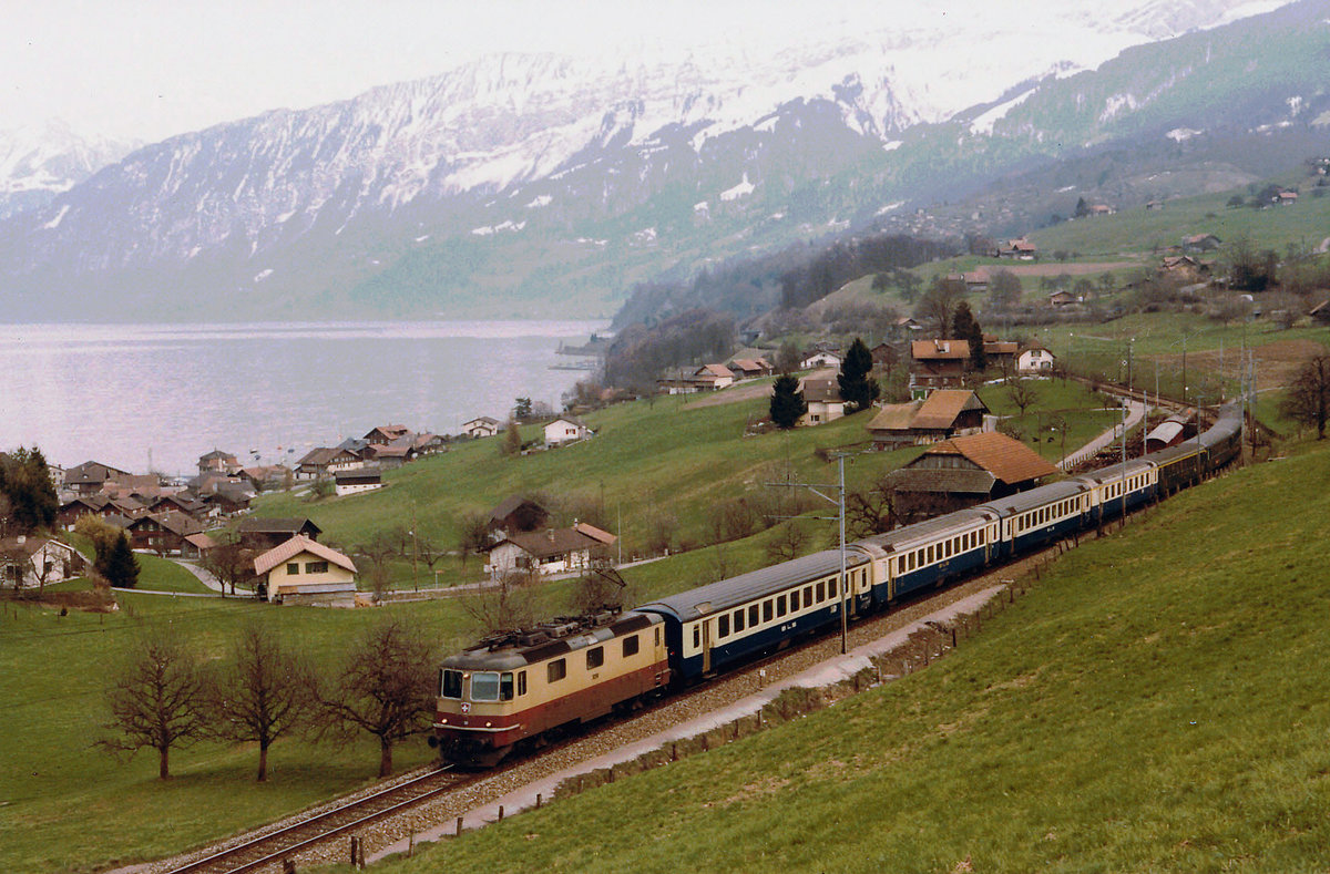 SBB: TEE Re 4/4: IC mit der Re 4/4 II 11251 bei Faulensee im Februar 1986.
Foto: Walter Ruetsch