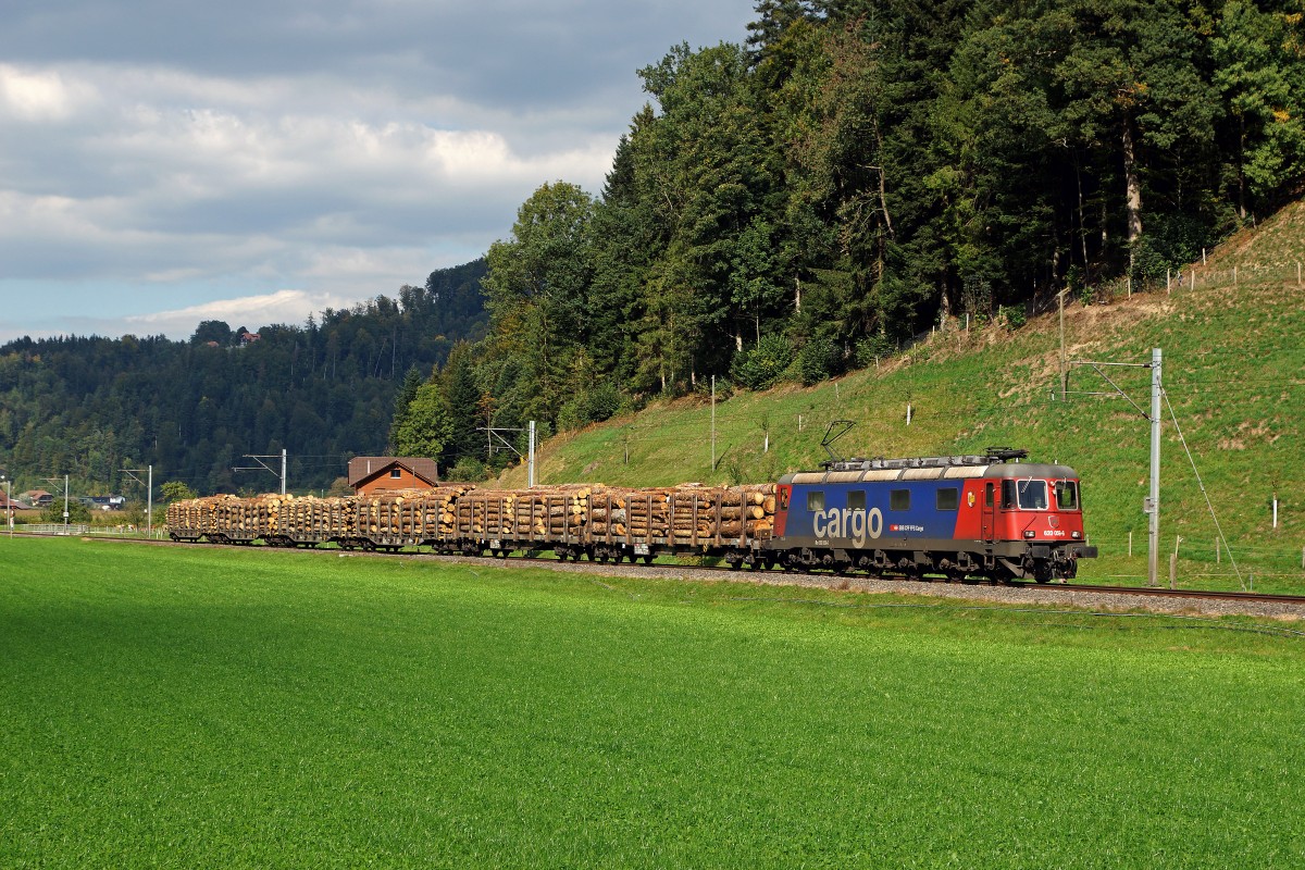 SBB: Während einer kurzen Aufhellung zum richtigen Zeitpunkt konnte dieser kurze Holzzug mit der Re 620 059-6  CHAVORNAY  am 28. September 2015 im Luzerner-Hinterland bei Sonne abgelichtet werden.
Foto: Walter Ruetsch